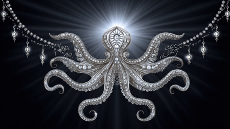 A stunning silver octopus design forms a unique necklace displayed on a premium luxury background, featuring a smooth glossy area.の素材