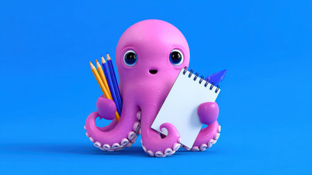 A friendly octopus holds a pencil and notebook, ready for creative learning in a vibrant blue background, encouraging students to enjoy school.の素材