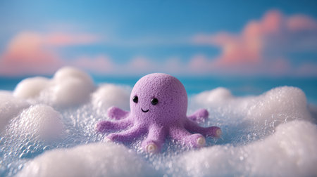 A delightful baby octopus enjoys a serene moment floating in a bubble bath ocean with light clouds around during sunset.の素材