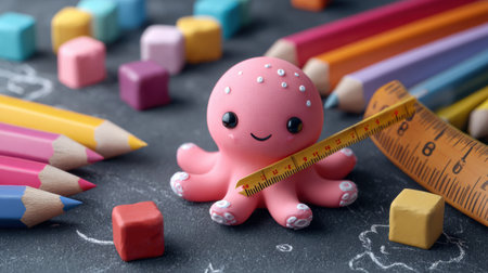 A cute octopus is holding a math ruler surrounded by colorful pencils and other school supplies on a blank chalkboard.の素材