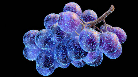 Clusters of crystalline grapes showcase intricate water droplets, highlighting their beauty and texture in a stunning digital scene.の素材