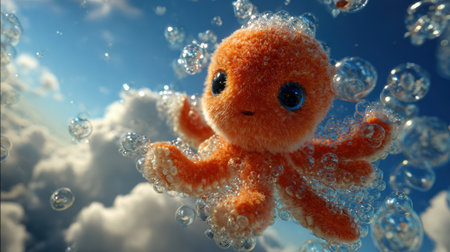 A charming baby octopus drifts calmly in an ocean bubble bath, surrounded by fluffy clouds and a serene atmosphere.の素材