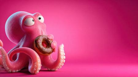 A delightful pink octopus holds a chocolate donut against a bright pink backdrop, ideal for promoting sweets and treats to all ages.の素材