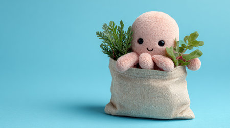 Underwater, a charming octopus joyfully grips an eco shopping bag containing vibrant plants, showing a playful take on sustainability.の素材