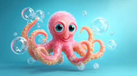 A charming octopus joyfully holds soap bubbles in a playful scene, designed for children's hygiene education with a soft pastel backdrop.の素材