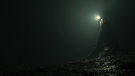A massive tentacle rises from the shadowy abyss, highlighted by a solitary spotlight in the deep darkness, creating an eerie atmosphere.の素材