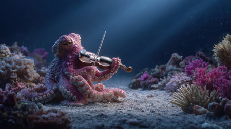 A charming octopus plays a violin in a serene underwater setting filled with colorful coral, creating an emotional classical music moment.の素材