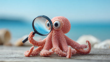 A cute octopus with big eyes holds a magnifying glass, ready to investigate the large blank scenic space along the beach.の素材