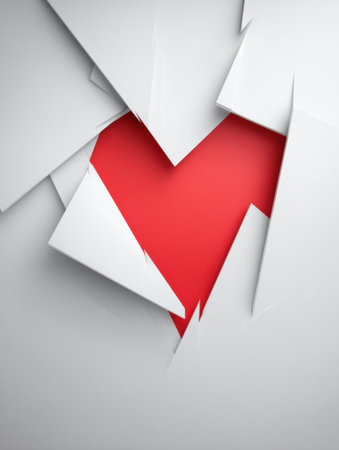 Geometric red shapes create an elegant heart design on a white background, featuring ample blank space for business advertising.の素材