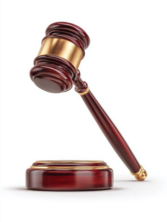 Detailed wooden gavel showcasing a glossy finish and gold accents, representing the law and justice system, placed on a white background.の素材