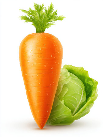 Bright carrot and fresh lettuce presented in a clean design emphasizing the vitality and appeal of healthy eating and nature.の素材