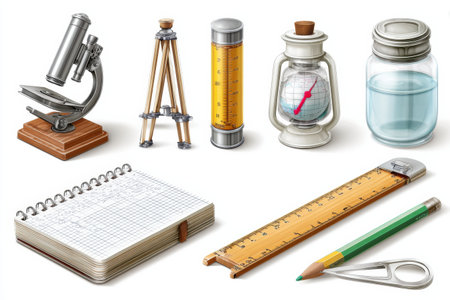 Illustration displays various educational tools such as a microscope, ruler, and notebook, representing concepts of learning and exploration.の素材