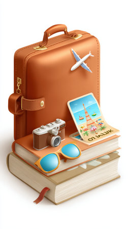Packed suitcase sits beside travel books and sunglasses, ready for summer adventures and holiday journeys filled with excitement.の素材