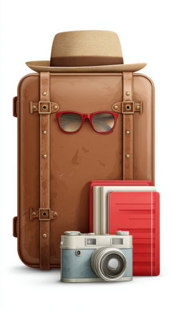 Pack your bags for summer adventures with stylish sunglasses, a vintage camera, and colorful travel books that inspire exploration.の素材