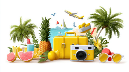 This realistic illustration features travel essentials like a suitcase, camera, and tropical fruits, capturing the essence of summer vacations.の素材