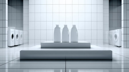 Bright room laundry showcases three detergent bottles on a shiny podium, surrounded by clean white tiles and blurred washing machines.の素材