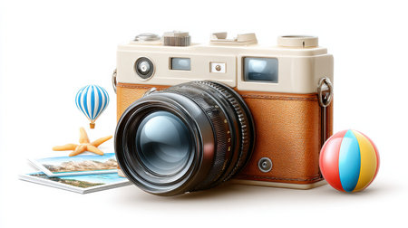 Get ready for summer vacation with a classic camera and travel essentials like beach balls, starfish, and travel photos on a clean backdrop.の素材