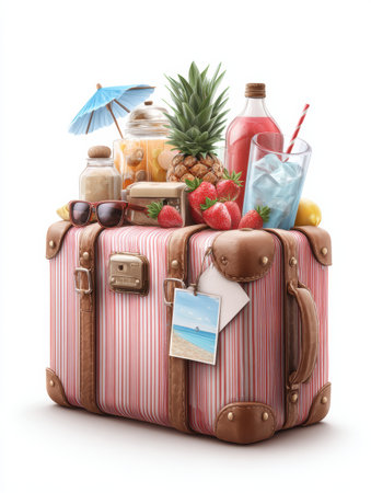 A colorful suitcase filled with refreshing drinks, pineapples, strawberries, and beach items showcase the joy of summer holidays and travel fun.の素材