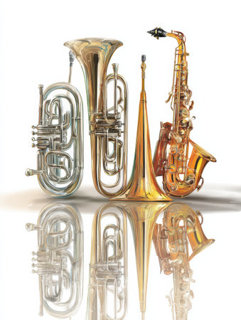 A collection of brass and woodwind instruments showcases their unique shapes and shiny surfaces, highlighting the joy of music creation.の素材