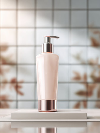 Soft lighting highlights a skincare bottle on a clean podium against blurred tiles, creating a serene and inviting atmosphere for beauty products.の素材