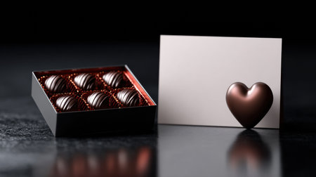 Empty greeting card sits beside a heart-shaped chocolate box on a glossy surface, ideal for expressing love and affection on special occasions.の素材