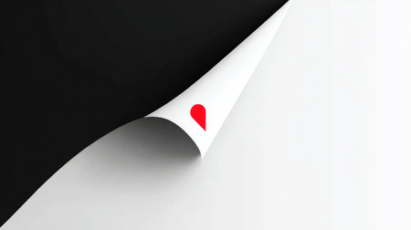 A corner of folded black and white paper reveals a subtle red heart accent, creating a stylish and modern marketing space.の素材