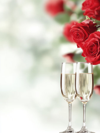 Two elegant champagne glasses sit close together with beautiful roses blurred behind, leaving space for Valentine sale details.の素材