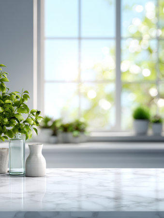 Bright and airy kitchen counter features houseplants and natural light streaming through a blurred window, creating a peaceful atmosphere.の素材
