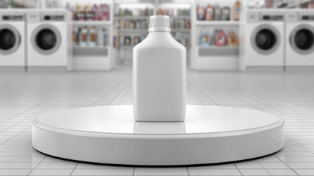 A central white podium showcases a laundry detergent bottle in a bright and clean laundry room with blurred washing machines in the background.の素材
