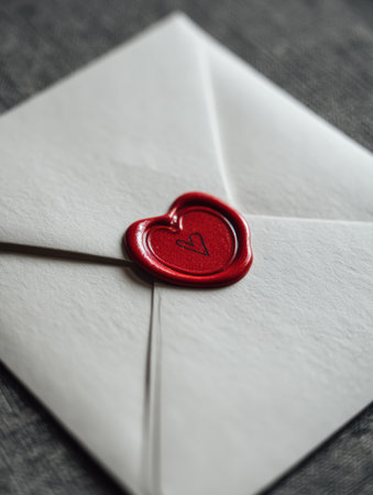 A blank card is nestled inside a classic envelope sealed with a heart-shaped wax, inviting heartfelt messages and sentiments.の素材