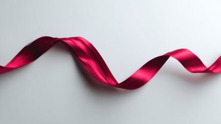 Single red ribbon curl rests elegantly on a blank white surface, showcasing minimal luxury for Valentine-themed decoration or design ideas.の素材