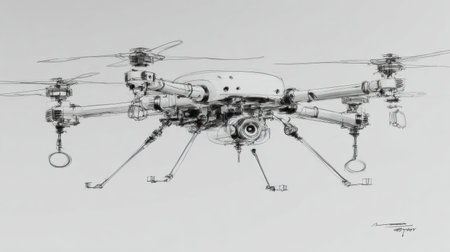 This sketch illustrates a drone designed for security use, showing its features and structure suited for aerial surveillance in cities.の素材