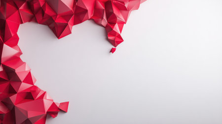 Colorful geometric red shapes form a sophisticated heart shape on one side, with a blank area for advertising.の素材