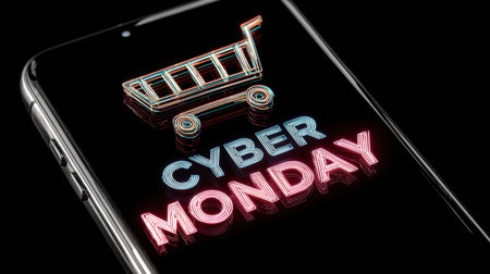 A smartphone displays a holographic shopping cart with Cyber Monday text, showcasing digital shopping deals and e-commerce promotions.の素材