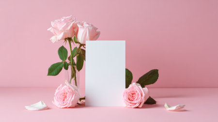 A blank vertical greeting card sits on a pastel pink table, surrounded by soft-focus roses, creating a charming and elegant setting.の素材