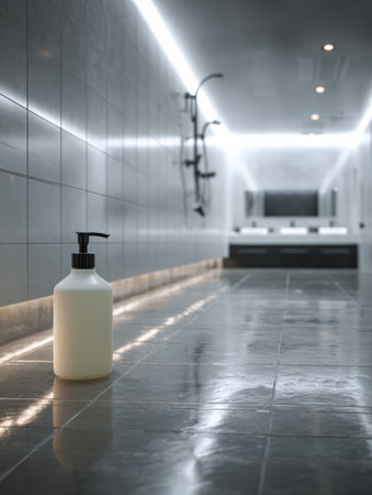 Bright and clean bathroom showcasing a blank product bottle on a shiny countertop with a blurred shower area in the background.の素材