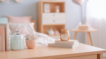 A colorful child bedroom with a clean desk showcasing a cute hamster food display, soft lighting, and a pastel color scheme for a playful atmosphere.の素材