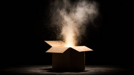 A gift box opens to reveal a brilliant, glowing light, casting sparkling illumination in a dark setting, sparking imagination and intrigue.の素材