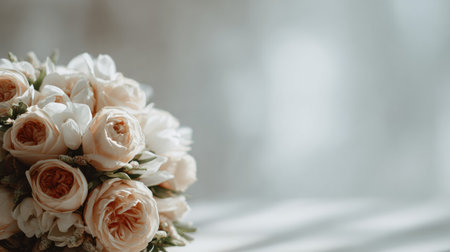 Delicate bouquet of soft pink roses and white flowers softly blurred with a bright open area ideal for adding text or quotes.の素材