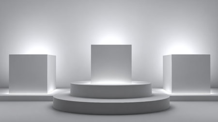 Gray geometric platforms glow softly in an empty center, evoking a sense of calm and modernity in the space.の素材