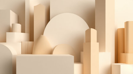 Cream and beige 3D shapes create a minimal aesthetic with soft shadows, featuring an empty central zone enhancing the overall design.の素材
