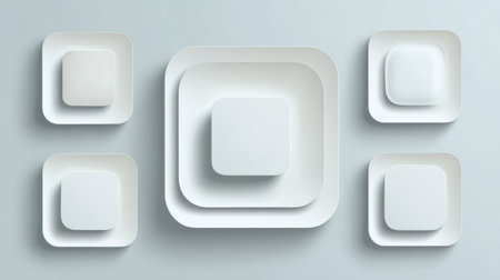 Bright wall featuring multiple clean futuristic panels in varying square shapes with a smooth white matte finish, creating a minimalist look.の素材