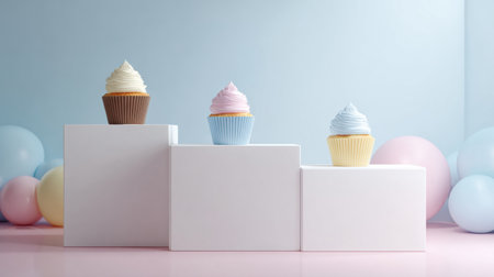 Cupcakes of various pastel colors sit on a clean white podium in a bright bakery with a soft blur of background balloons.の素材