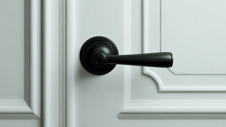 Close-up view of a modern black door handle on a white wooden door enhances interior aesthetics and provides functional access.の素材