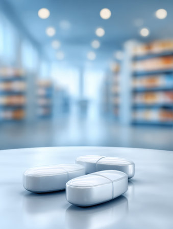 Clinical vitamin products sit on a clean white table, surrounded by a softly blurred, sterile environment that emphasizes health and wellness.の素材