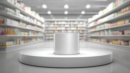 Bright white podium showcases pharmacy products, surrounded by blurred shelves filled with various health items, enhancing shopping appeal.の素材