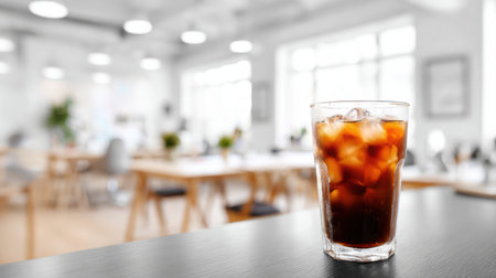 Enjoy a refreshing cold brew coffee at a stylish office workspace, featuring a black matte table and blurred interior scene.の素材