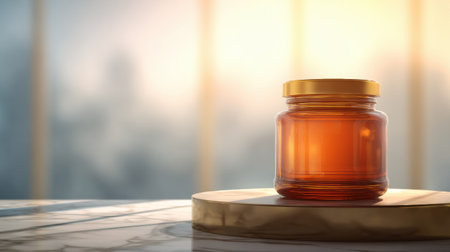 A jar of kombucha is showcased on a glass podium, surrounded by a minimal kitchen blur and bathed in warm sunlight during daytime.の素材