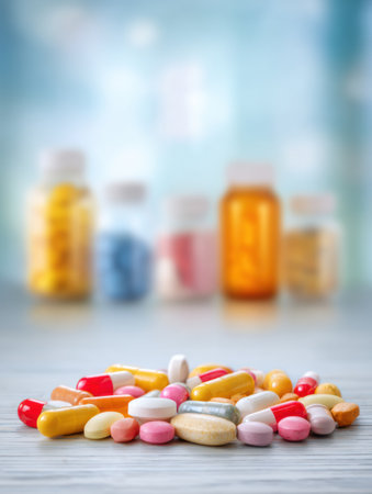 Various vitamin capsules and tablets are scattered on a clean white surface with blurred medicine bottles behind them.の素材