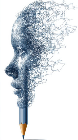 A human face created from flowing lines that emerge from a pencil, reflecting the deep connection between creativity and knowledge.の素材